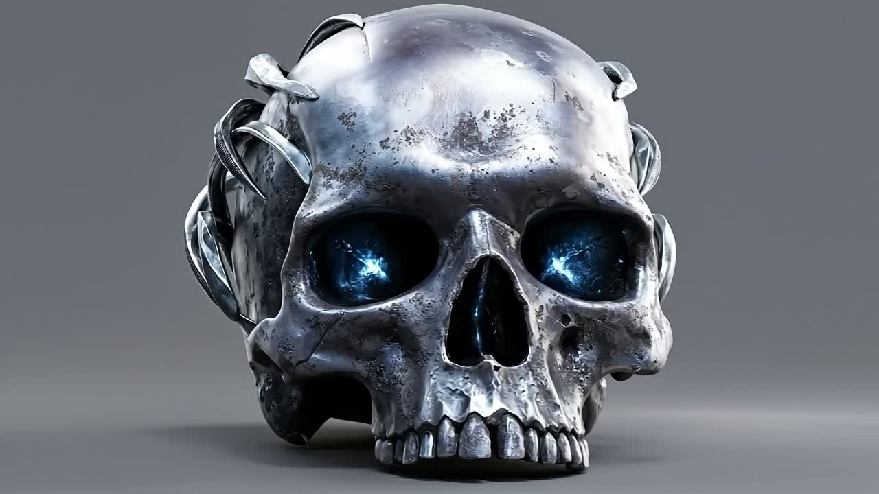A silver skull with a helmet on top of it