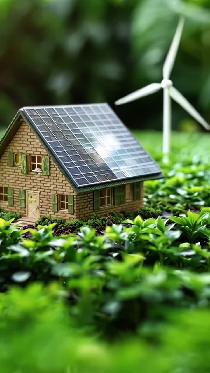 A small house is sitting on top of a hill covered in green grass. The house is surrounded by a lot of plants and trees, giving it a natural and peaceful atmosphere