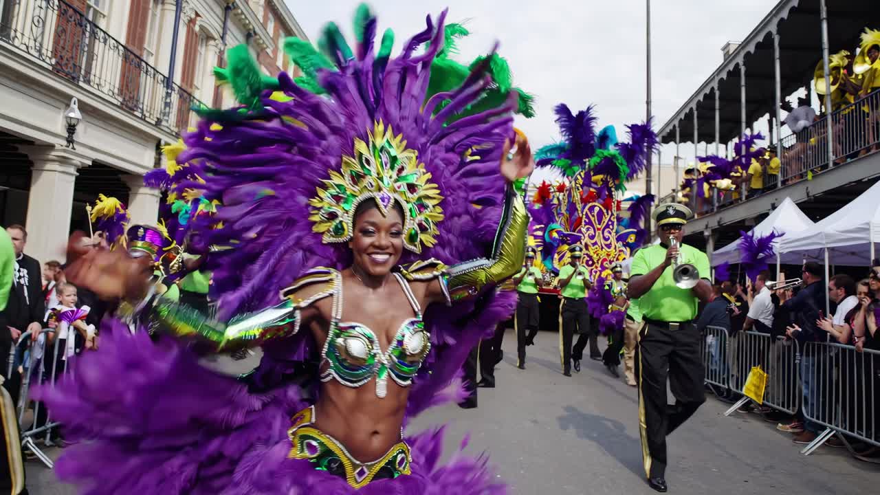 Vibrant street parade video with colorful costumes and feathered dancers