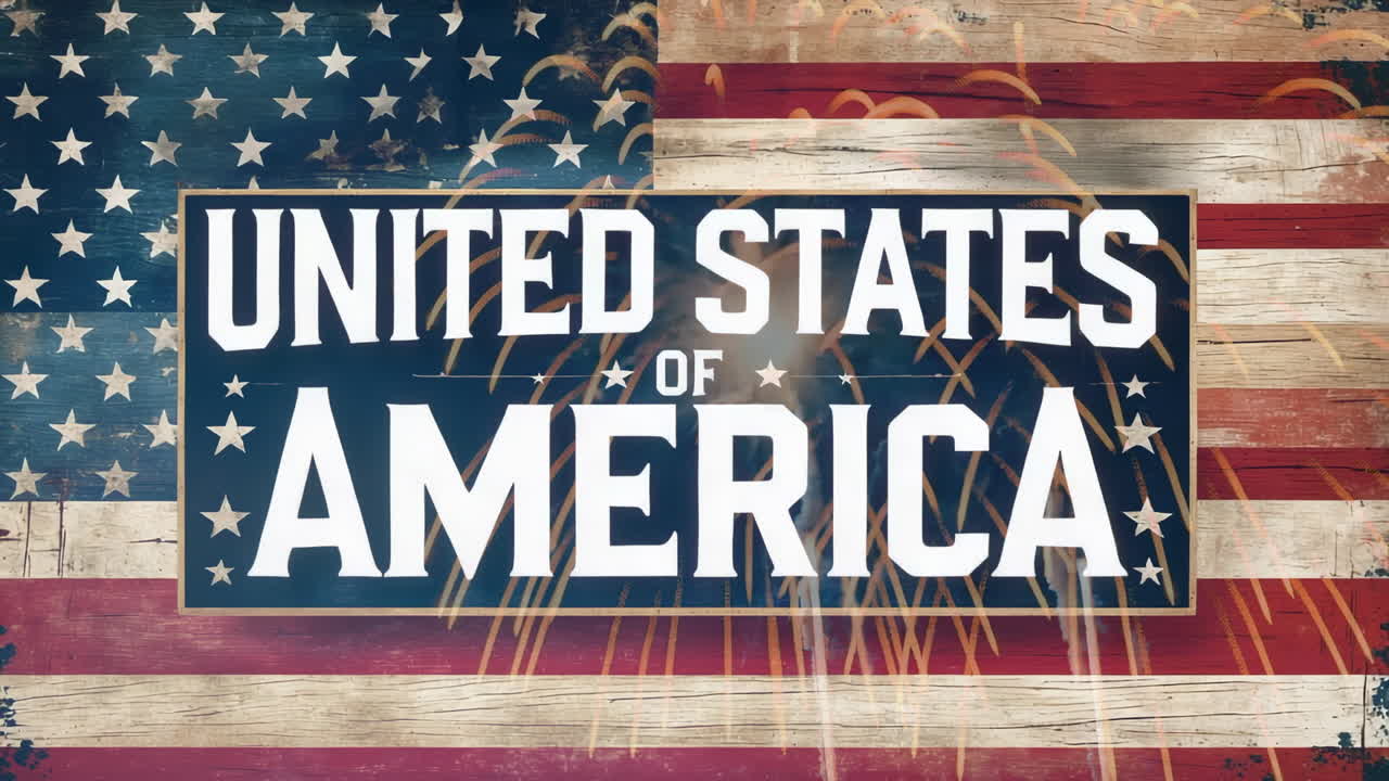 Distressed American Flag with United States of America Text and Fireworks