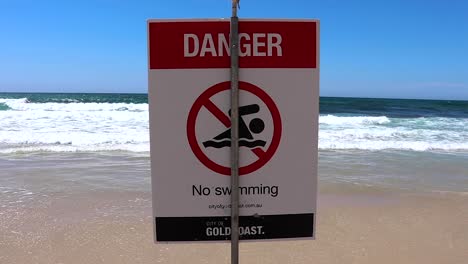 sign on the beach that says "danger no swimming" but there are people swimming on a tropical beach, gold coast australia