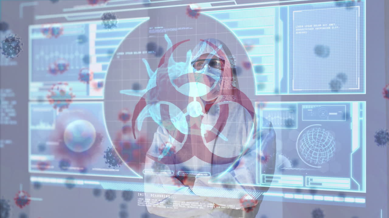 생물학적 위험 아이콘, 바이러스 세포, 디지털 인터페이스의 애니메이션 남성 의사가 얼굴 마스크를 착용합니다.