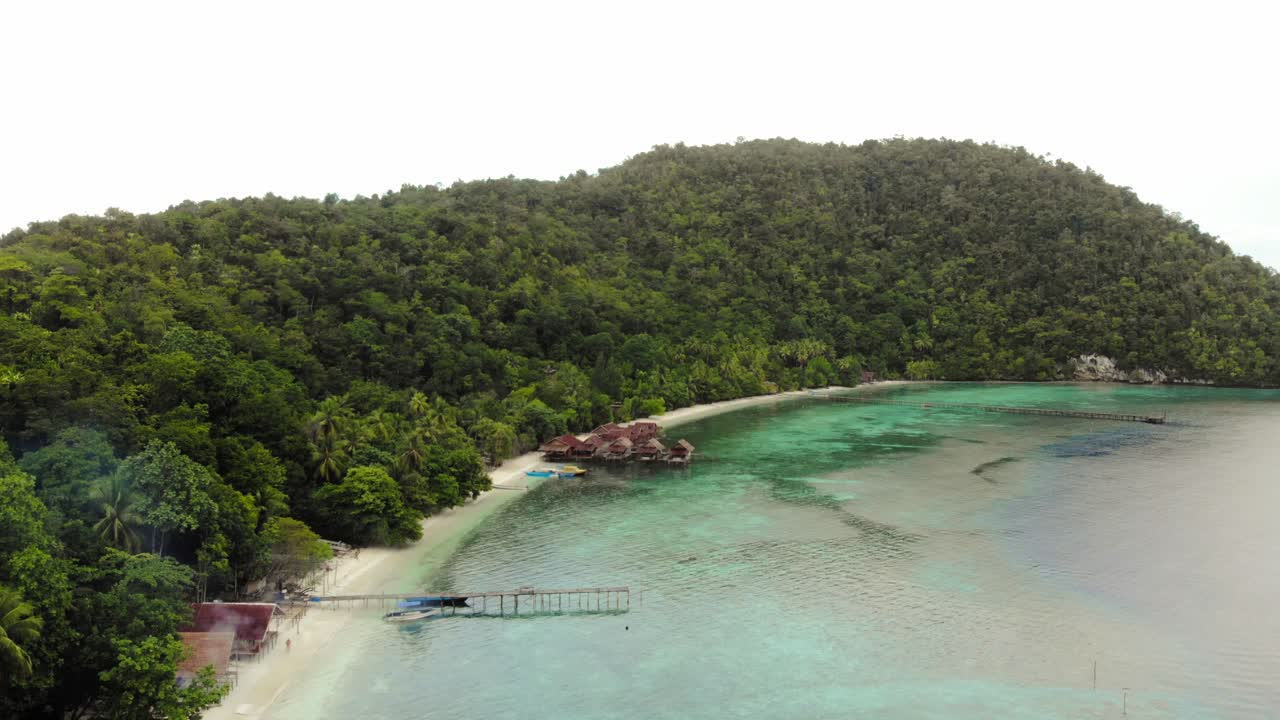 una vista aérea de la serena belleza de una costa tropical de la isla de kri en el archipiélago de raja ampat, indonesia, con un bosque verde exuberante que se encuentra con aguas cristalinas de color turquesa