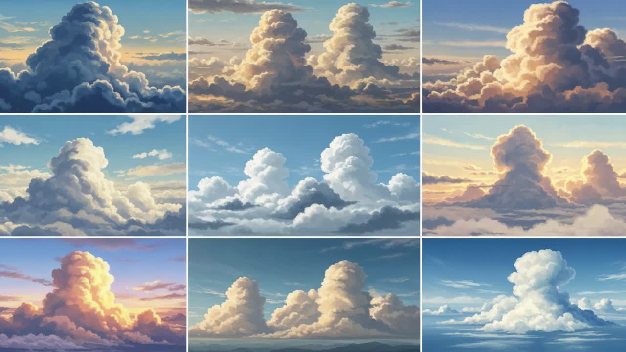 A Stunning Collection of Voluminous Clouds Captured in Dramatic Light, Showcasing the Beauty and Variability of Atmosphere across Different Times of Day