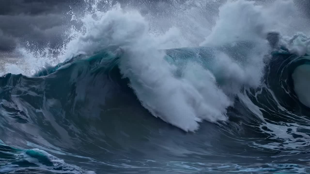 Dramatic ocean waves crash under stormy skies, capturing nature's raw power