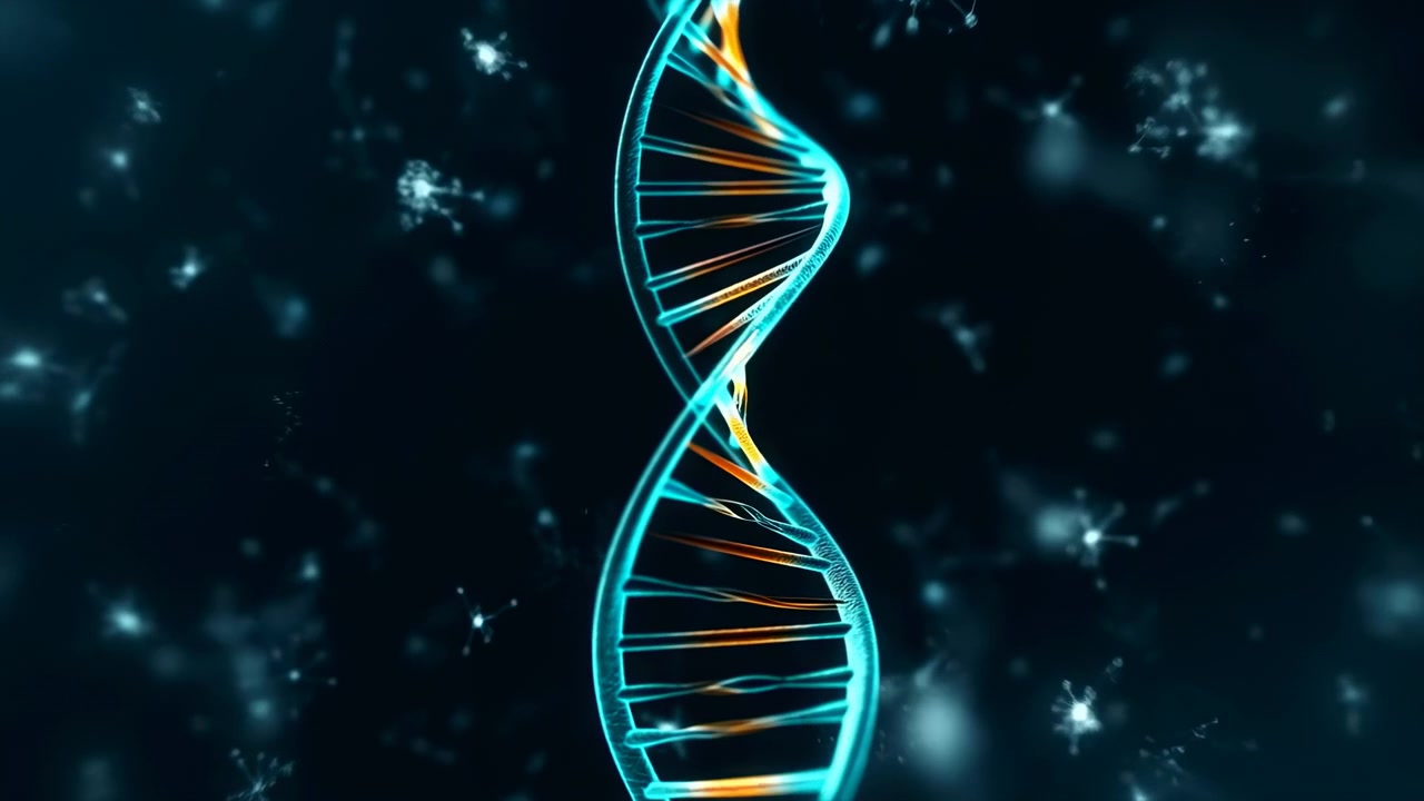 Questo rendering digitale futuristico mostra un filamento di DNA scientifico luminoso blu e arancione su uno sfondo scuro con particelle luminose, visto da un'angolazione laterale. Contenuto educativo.