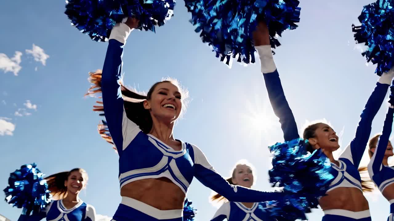 Low-angle video shot of cheerleaders in blue uniforms, pom-poms raised, against a sunny sky