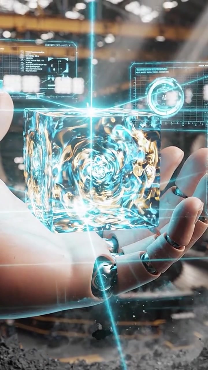 A futuristic robotic hand holds a glowing, swirling cube, showcasing advanced technology and a blend of light and energy in a dramatic industrial environment.