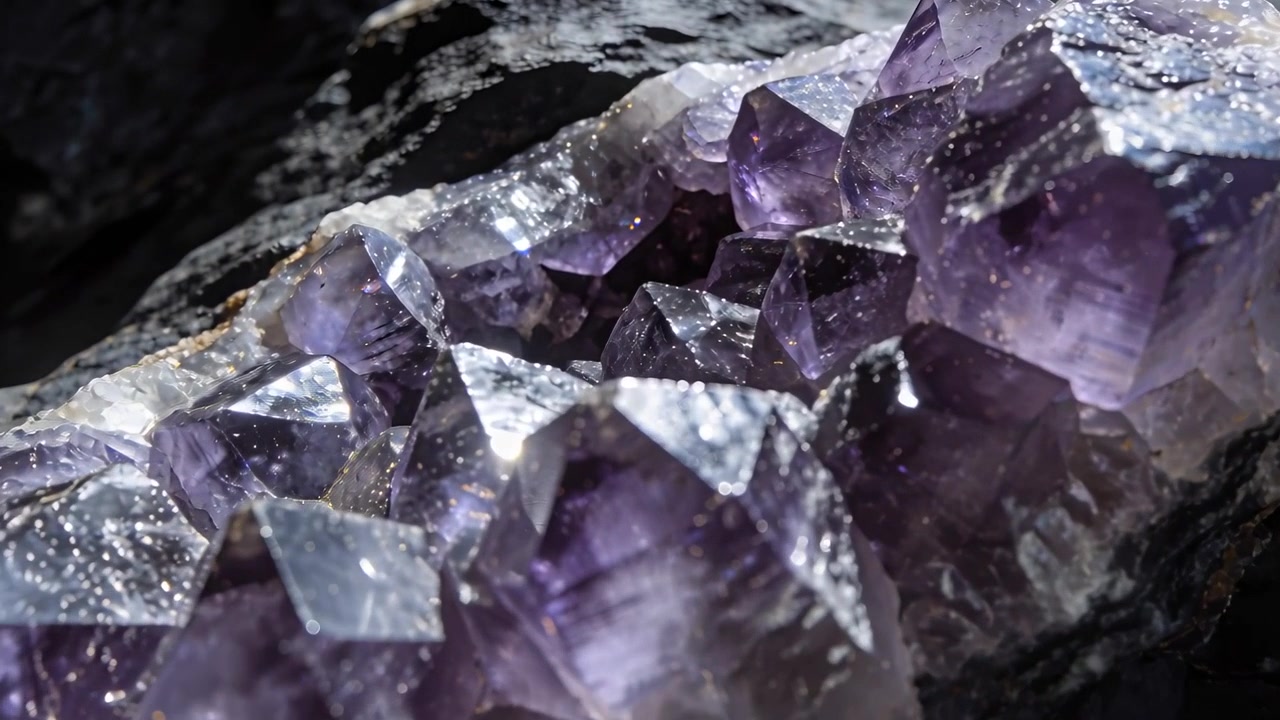 La telecamera si avvicina, rivelando un grappolo di cristalli di ametista su una superficie di roccia scura, catturando le sfaccettature scintillanti.