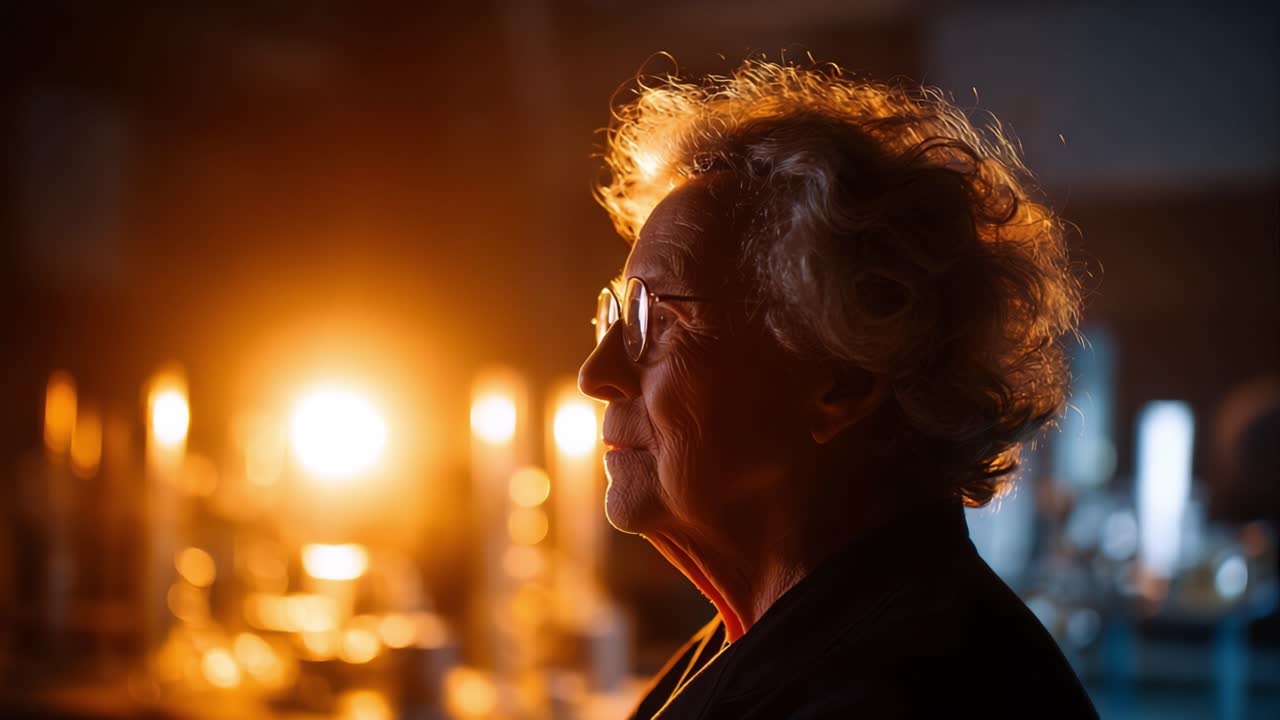 An Elderly Woman in Profile Contemplating Life's Moments Illuminated by Soft, Warm Lighting Creating a Reflective and Emotional Atmosphere in a Cozy Setting