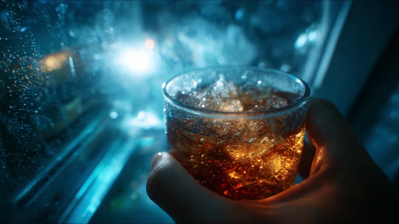 A Close-Up of a Hands Holding a Glass Filled with Refreshing, Fizzy Beverage Surrounded by Ice, Captured in a Bright, Moist Environment Highlighted by Cool Lighting and Reflections