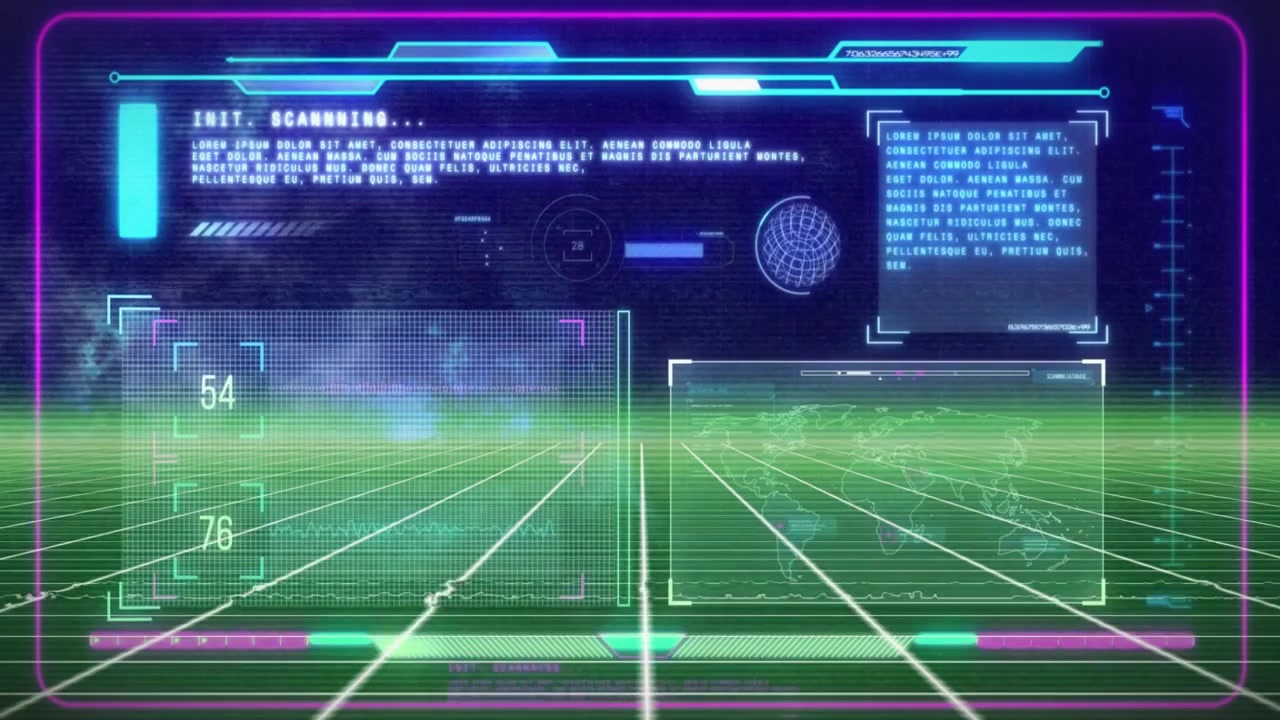 Futuristic Digital Interface with Scanning Grid and Data Visualization