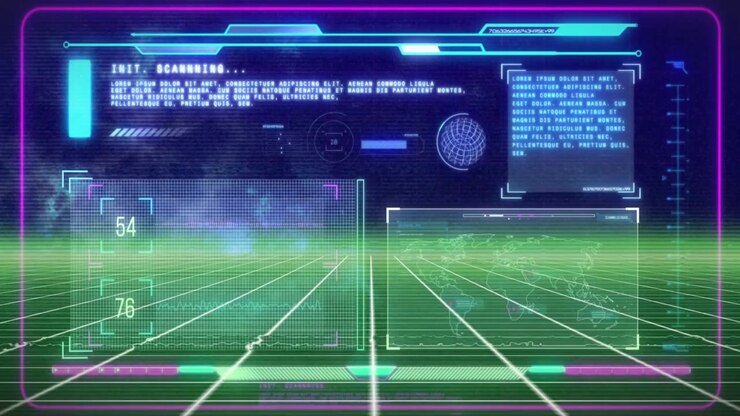 Interface digital futurista com grade de varredura e visualização de dados.