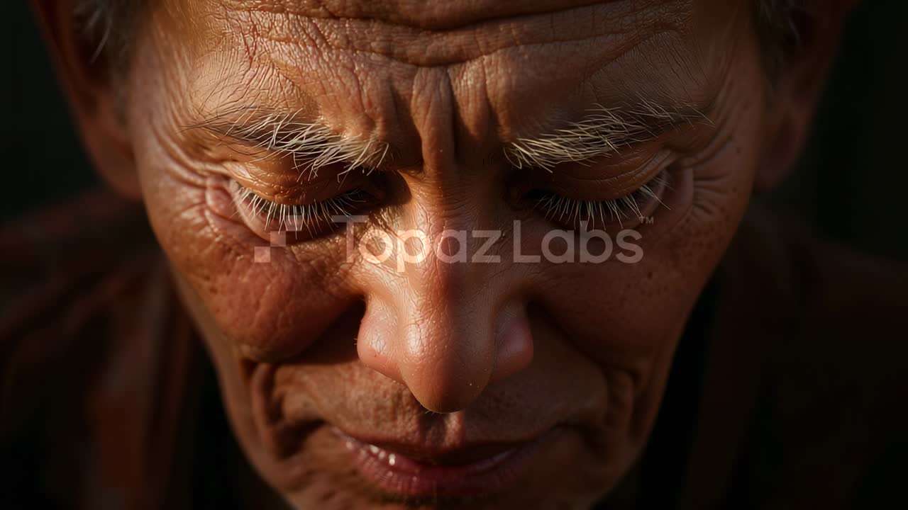 Una telecamera riprende un uomo asiatico anziano che inchina il capo e sbatte lentamente le palpebre in uno studio con filigrana Topaz Labs