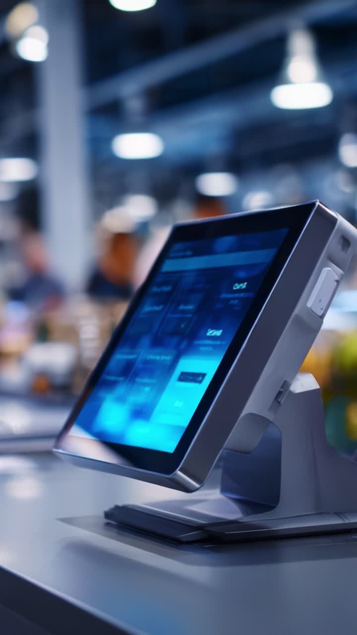 Moderno display touchscreen del sistema POS in un ambiente di vendita al dettaglio che mostra l'interfaccia utente e l'interazione con le informazioni sulla transazione