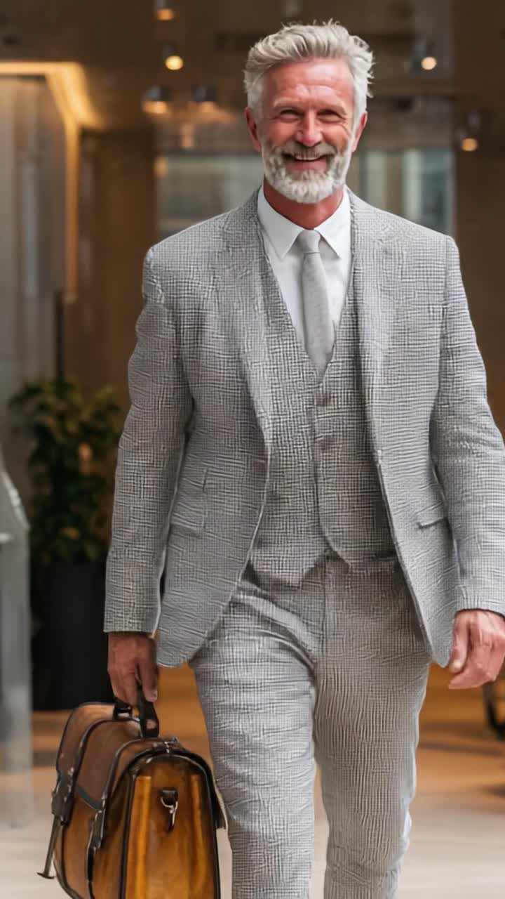 Audace e sicuro di sé: un uomo elegante e distinto in un abito grigio a quadri, che emana fascino e raffinatezza con una ventiquattrore classica ed elegante in mano
