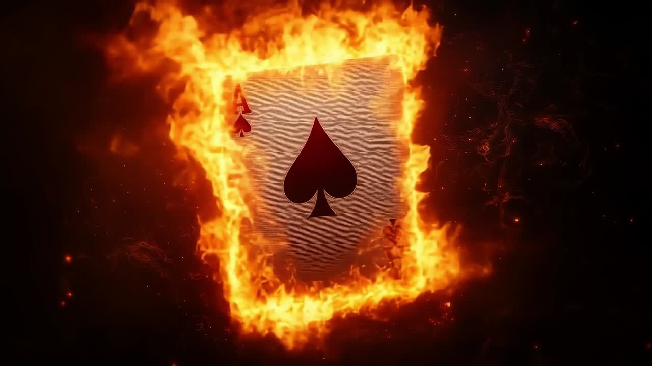 Playing card symbol surrounded by flames. A black spade symbol is engulfed in bright flames, creating a dramatic visual effect.
