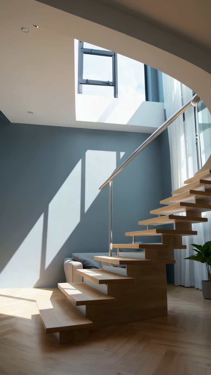 Modern Open-Plan Living Room with Wooden Stairs and Skylight