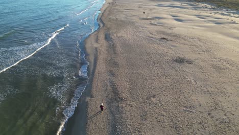 drone-flight-on-a-beach-at-sunset-with-soft-waves-reaching-the-shore-and-people-walking-along-the-sand-that-has-a-golden-color-and-creates-shadows-in-various-directions-in-winter-Valencia-Spain