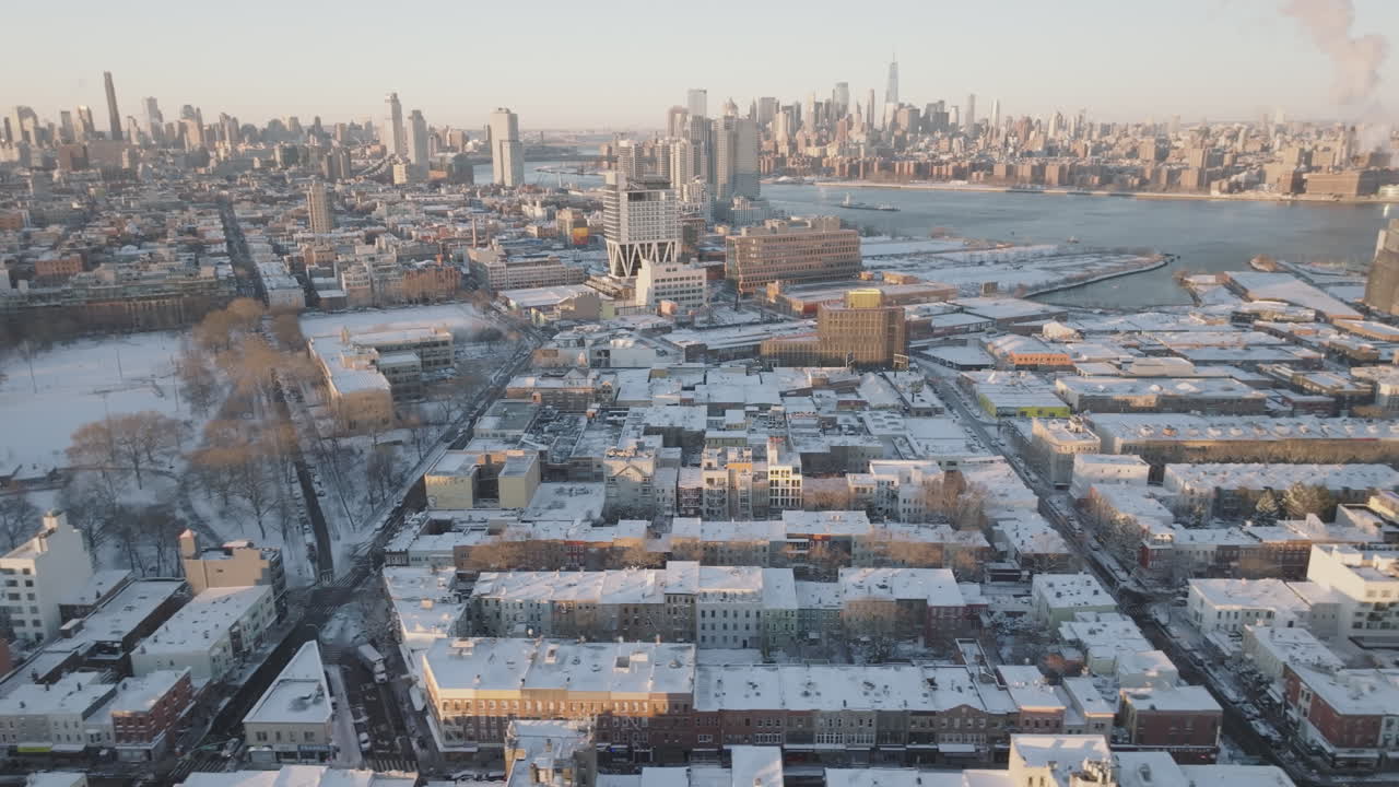 Aerial view of New York City on a winter morning. Shot in Brooklyn