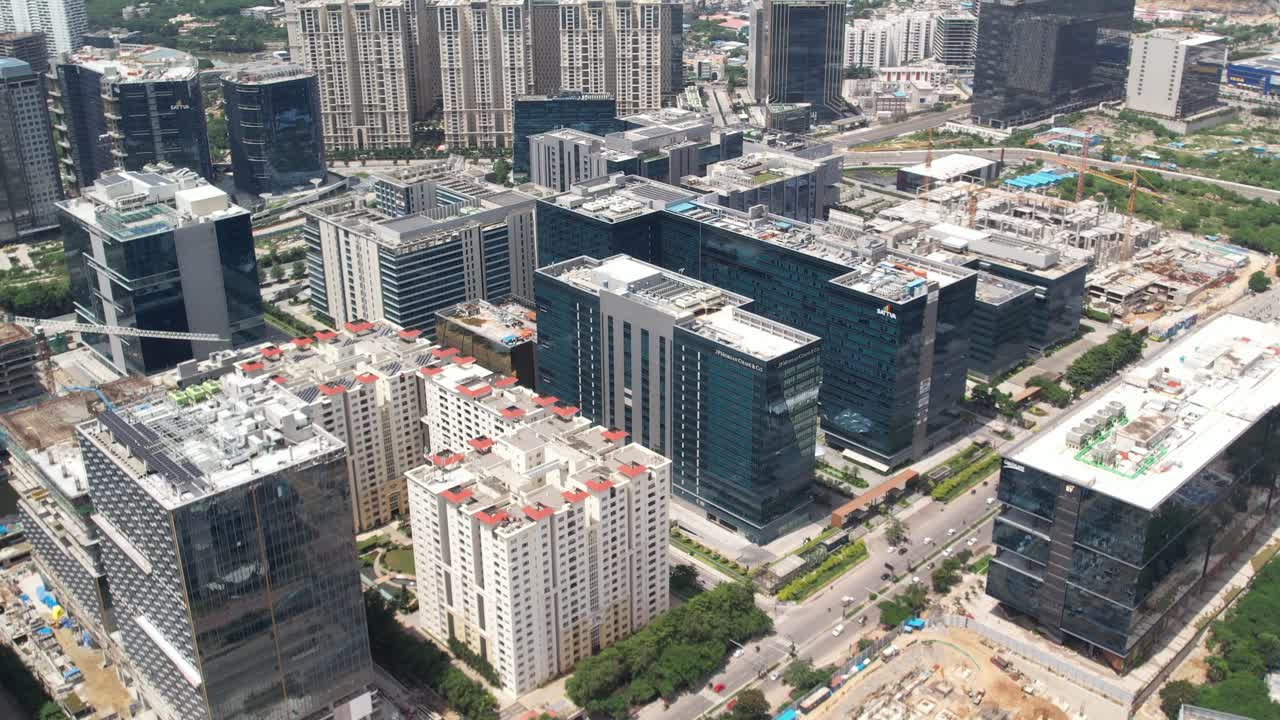 Aerial footage of sky scapers in a south Indian city kown as HITEC City Hyderabad's most famous area