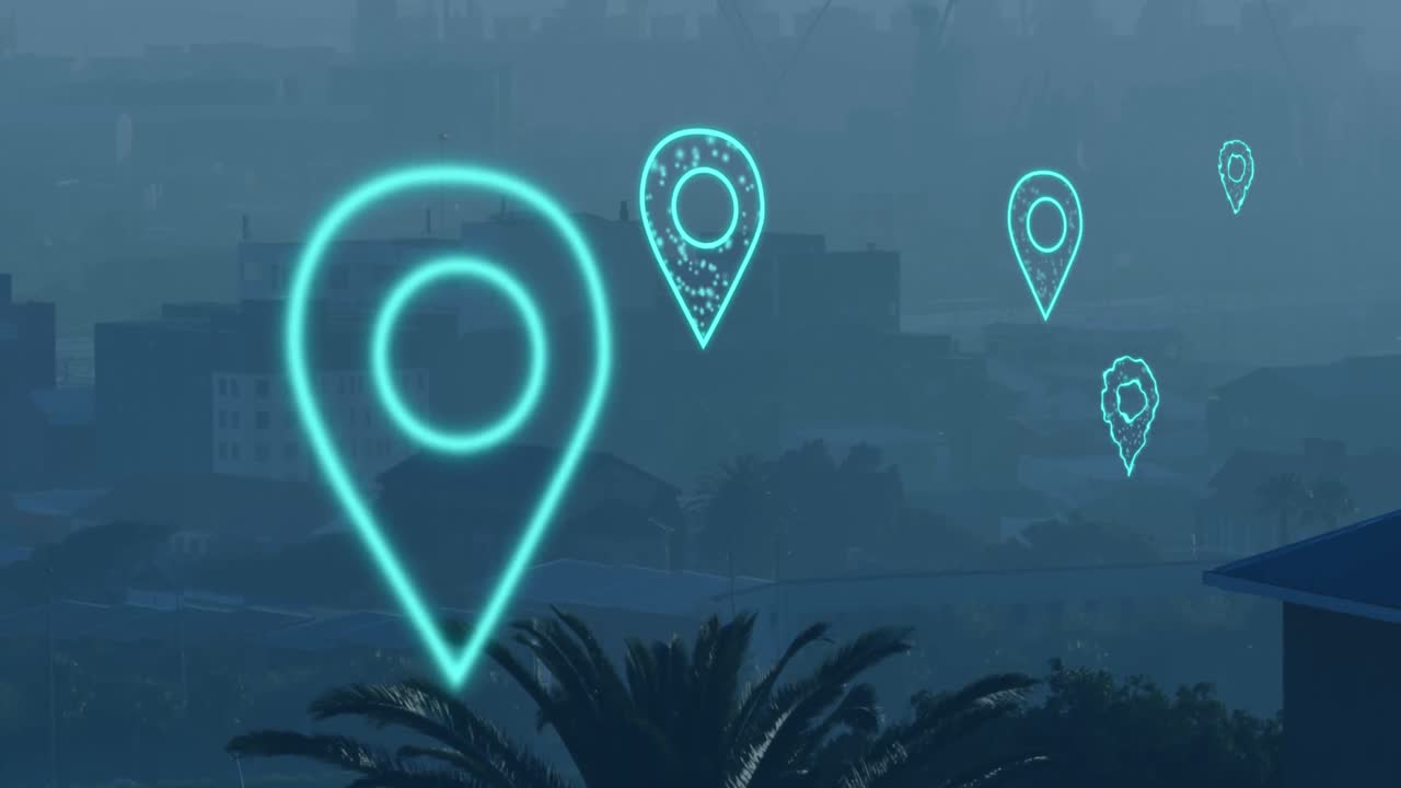 animación de iconos de ubicación digital que vuelan sobre el paisaje urbano