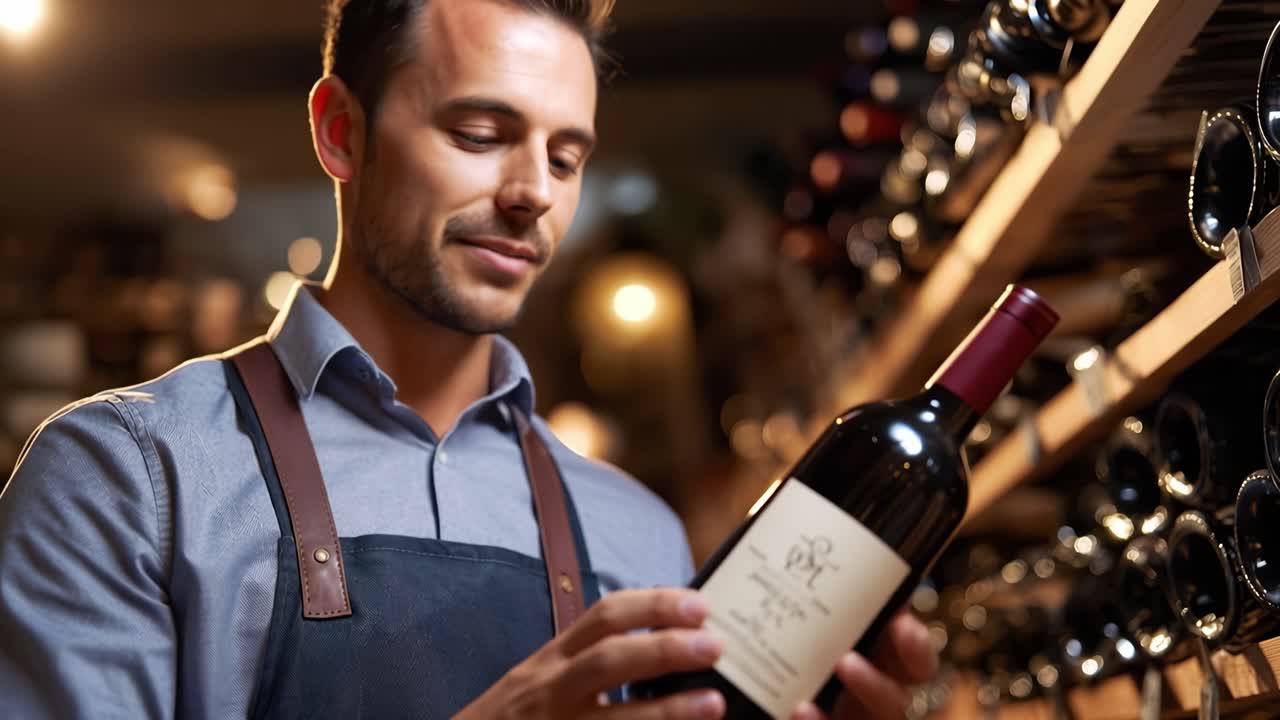 Un uomo sorridente esamina attentamente una bottiglia di vino. La luce calda ne evidenzia l'espressione concentrata. Scaffali di bicchieri brillano delicatamente dietro di lui. Ideale per mostrare degustazioni di vino o l'ambiente di un negozio