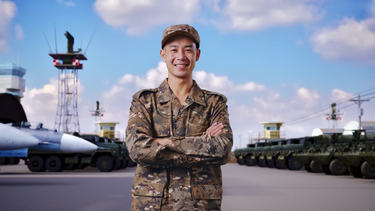 아시아인 군인이 미소 짓고 군 캠프에 서서 팔을 고 있다