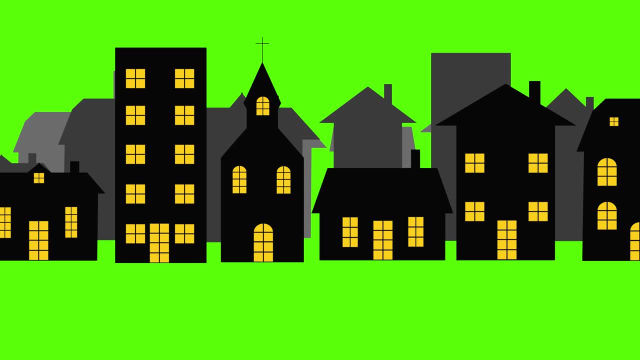 Animazione Chroma key di una città su green screen, loop continuo, scena notturna.