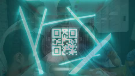 animation of neon lights an dqr code over servers and diverse coworkers