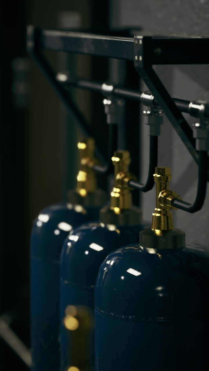 Industrial gas cylinders organized on metal rack in a workshop area