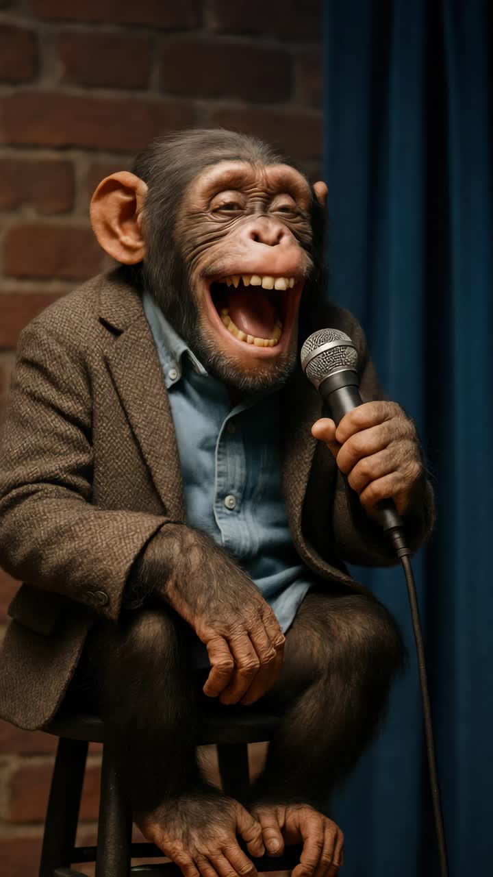 A chimpanzee in a suit holding a microphone, captured from a low angle