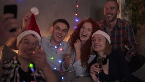 Group-Of-Beautiful-Young-People-Doing-Selfie-In-Decorated-Room,-Best-Friends-Girls-And-Boys-Together-Having-Fun,-Holding-Glasses-With-Champagne-1