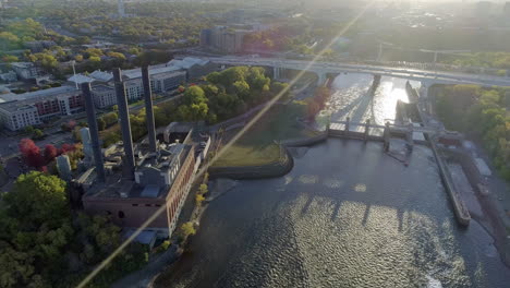 aerial overview of mississippi river interstate i-35w with lensflare