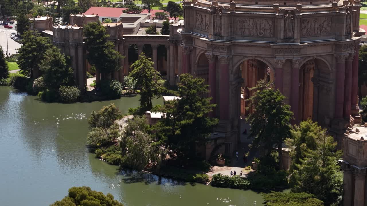 Drone Shot, Palace of Fine Arts, Sand Francisco, City Landmark, Buildings, Lake and Landscape