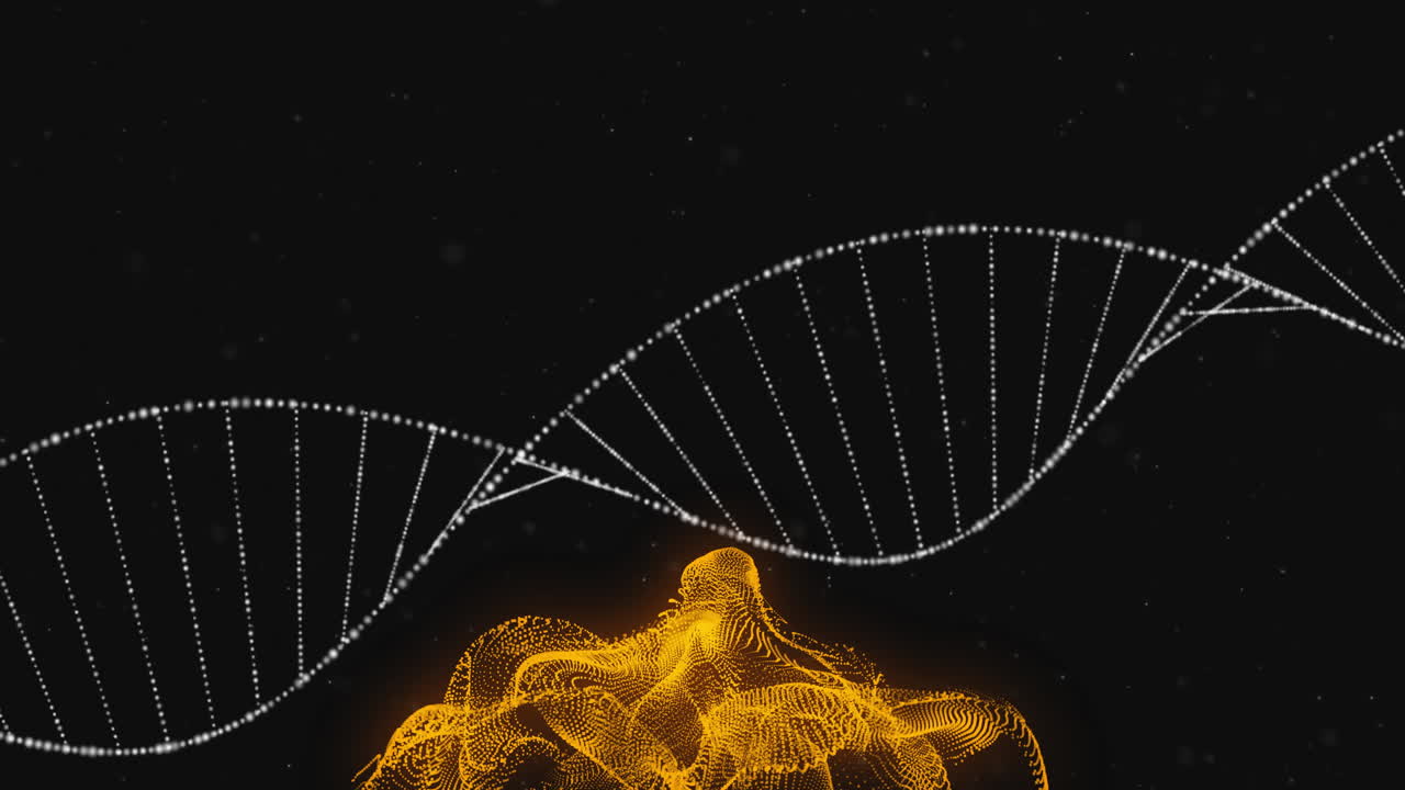 DNA strand and glowing particles, scientific data processing animation