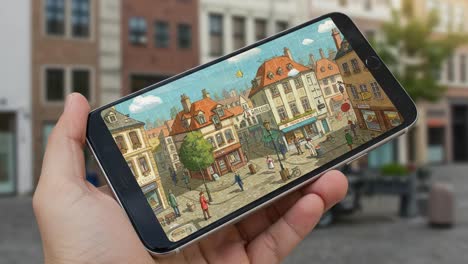 a hand holding a smartphone displaying a vibrant illustration of a charming town square with colorful buildings and lively streetscape for a creative visual experience