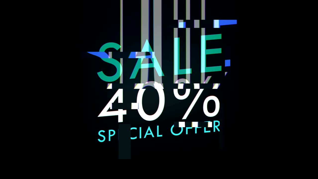 40% 할인 및 특별 제안 판매 프로모션 광고 글리치 텍스트 트위치 효과 루프 배경 온라인 쇼핑 할인 청구에 대한 거래 가격 태그 신호 디지털 글리치 4k 모션