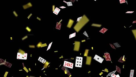 animation of confetti and playing cards falling on black background