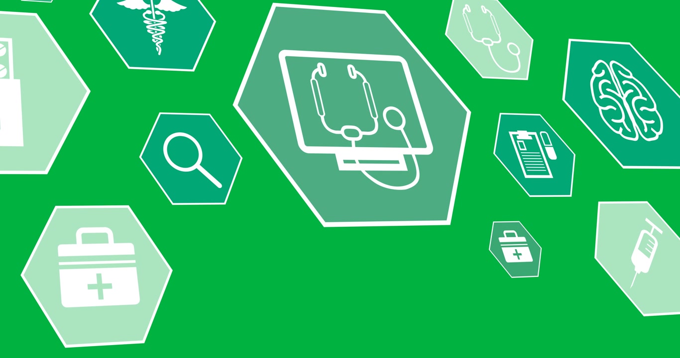 Digital animation of multiple medical icons on hexagonal shapes against black background