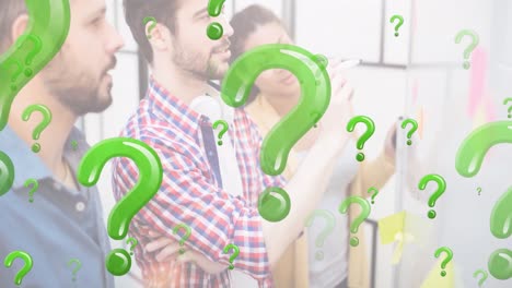 animation of green question marks over business people looking at memo notes