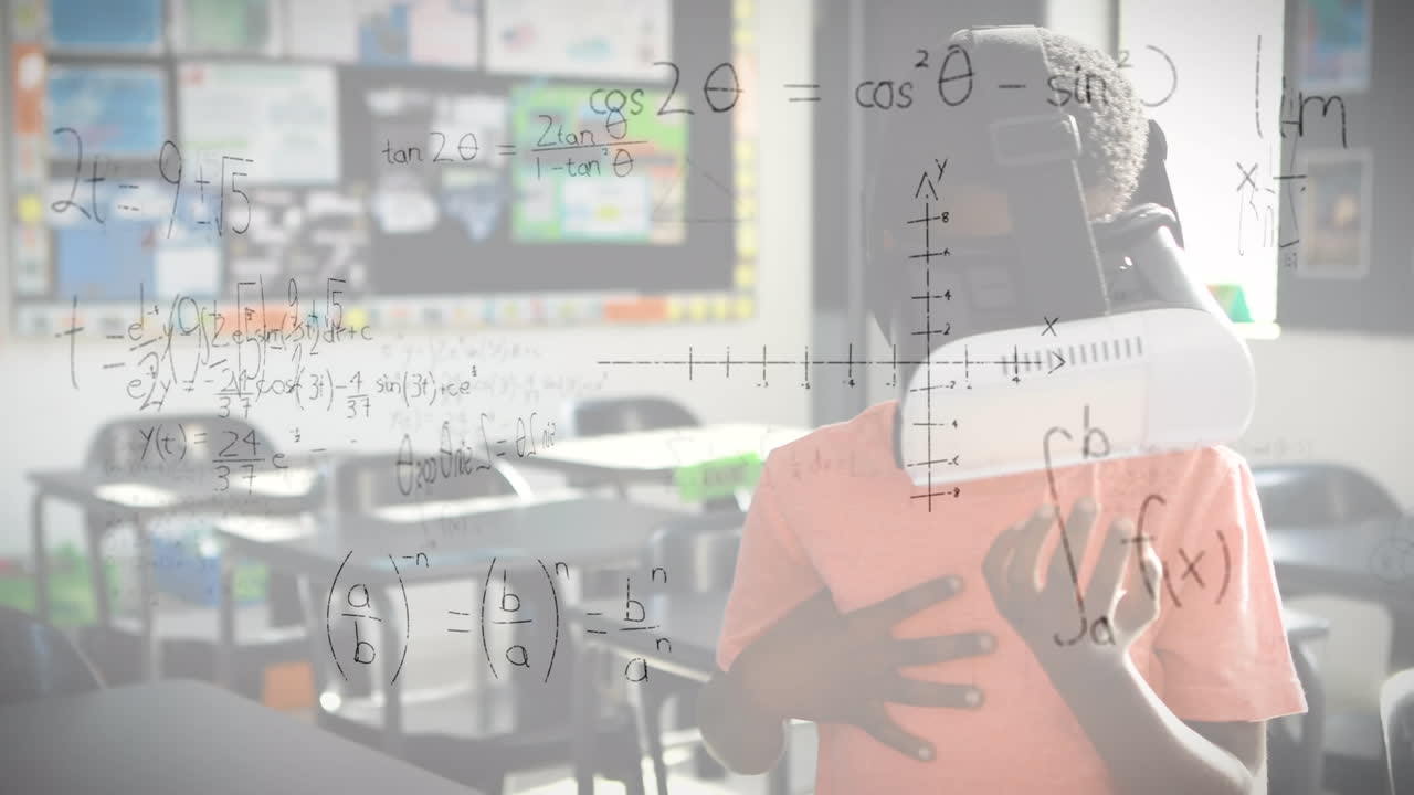 Animation of mathematical formulas over schoolboy using vr headset