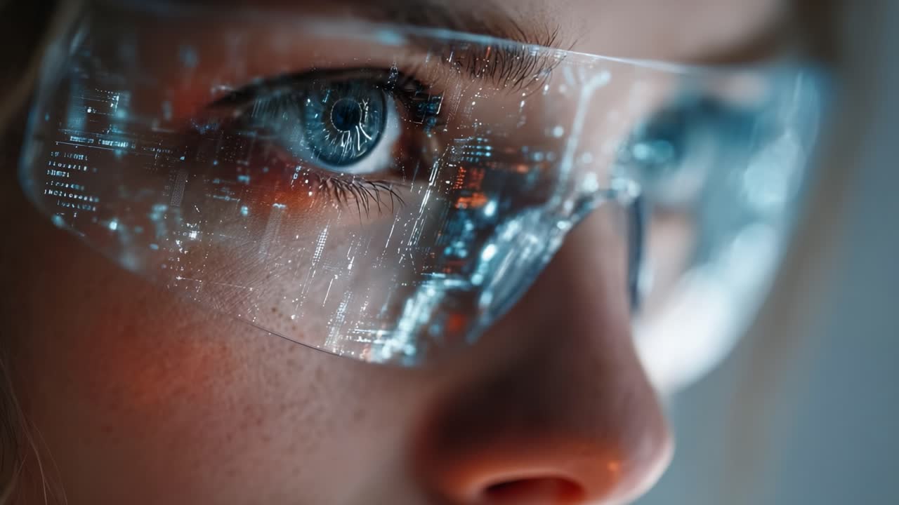 A close-up of a woman's eye illuminated by a digital interface reflected in her futuristic glasses, depicting advanced technology and innovation in modern optics