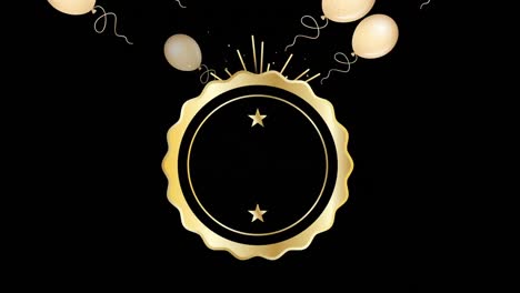 animation of gold balloons flying and gold circle over black background