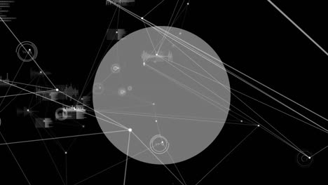 digital animation of network of connections and data processing over round banner with copy space