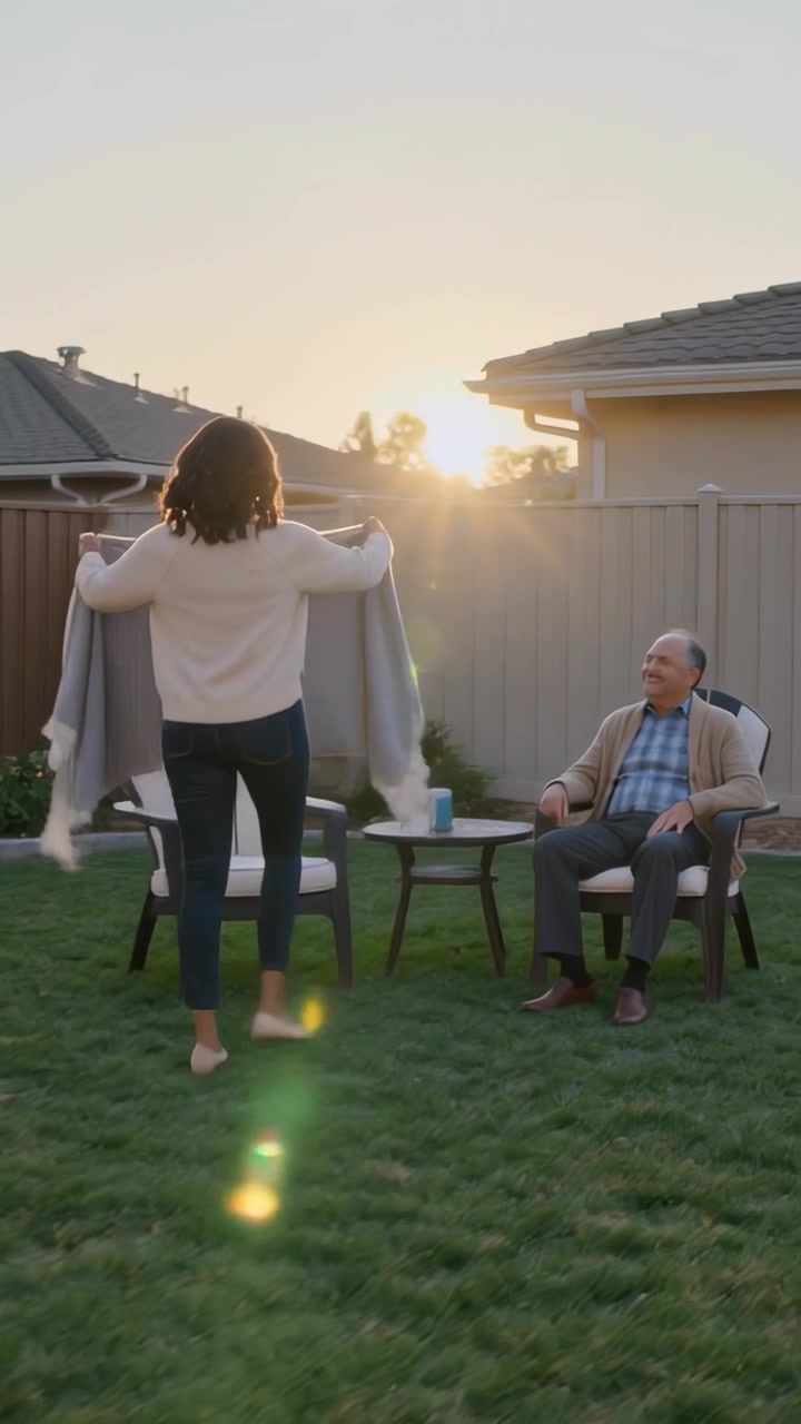 Vertical video: Walking woman in sweater carrying blanket across backyard, draping chair for father