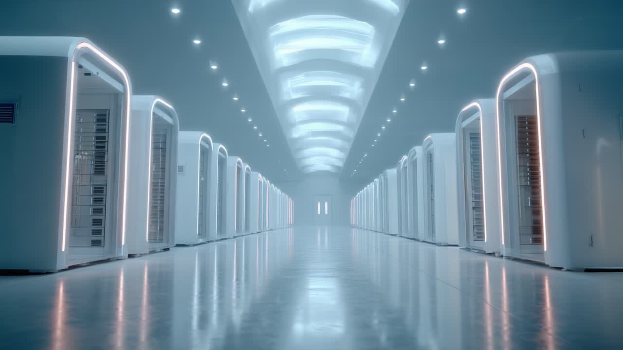 Futuristic Data Center Featuring Array of Gleaming Server Racks Surrounded by Sleek Aesthetic Lighting in a Minimalist Environment