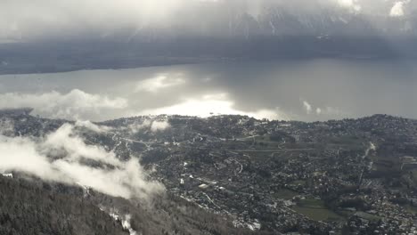 drone aerial of the swiss town of montreux