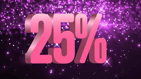 animation of 25 percent text in pink over purple glowing spots on black background