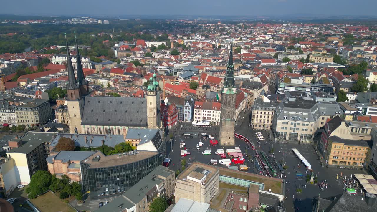 market square with the red tower and st. Mary's church in halle saale, germany. Lovely aerial view flight drone top down Above view